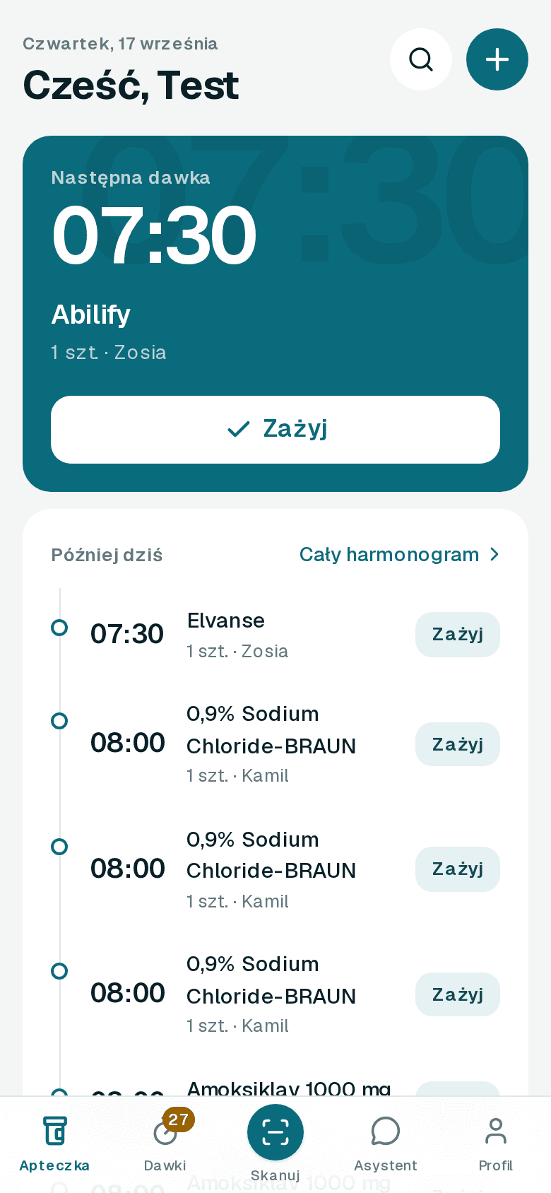 Ekran „Dziś” w MedSzafce na telefonie: najbliższa dawka, apteczka i lista zakupów